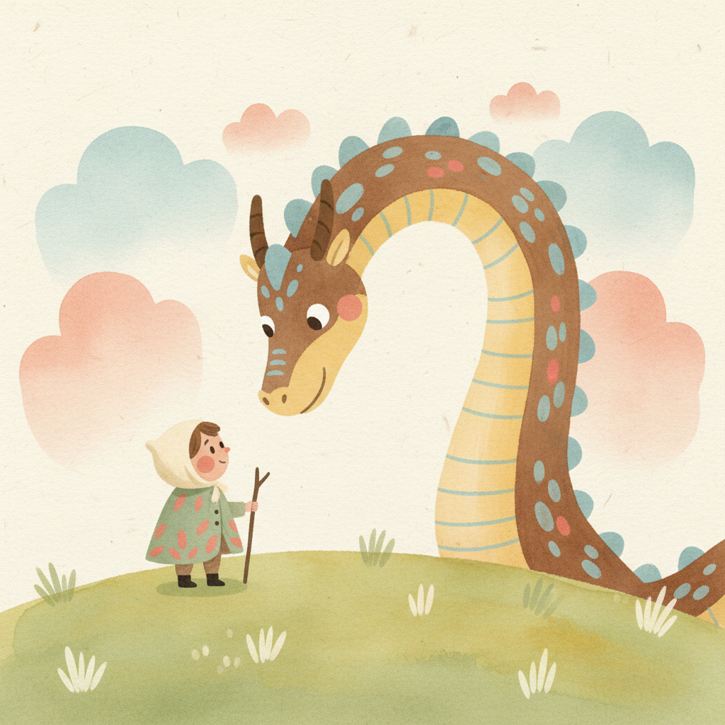 Hand-painted illustration of a small child in a cloak meeting a gentle dragon on a grassy hill