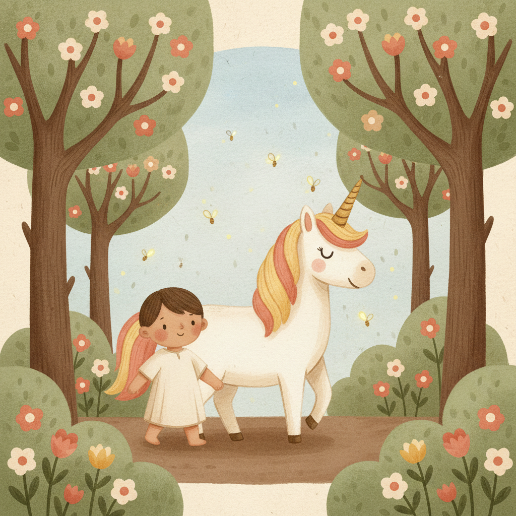 Hand-painted illustration of a child walking beside a calm unicorn through a flowery storybook forest