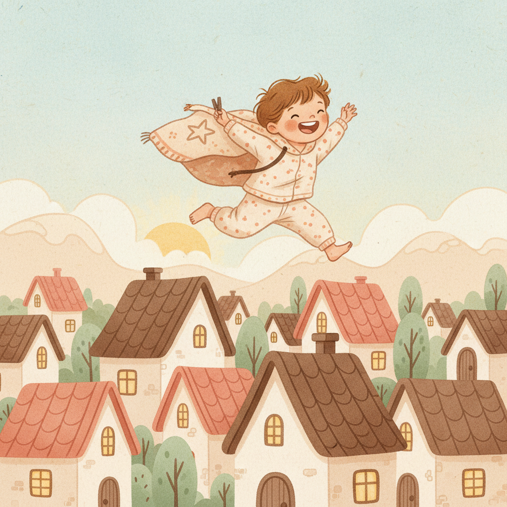 Hand-painted illustration of a cheerful child in a homemade cape leaping over a cozy little town