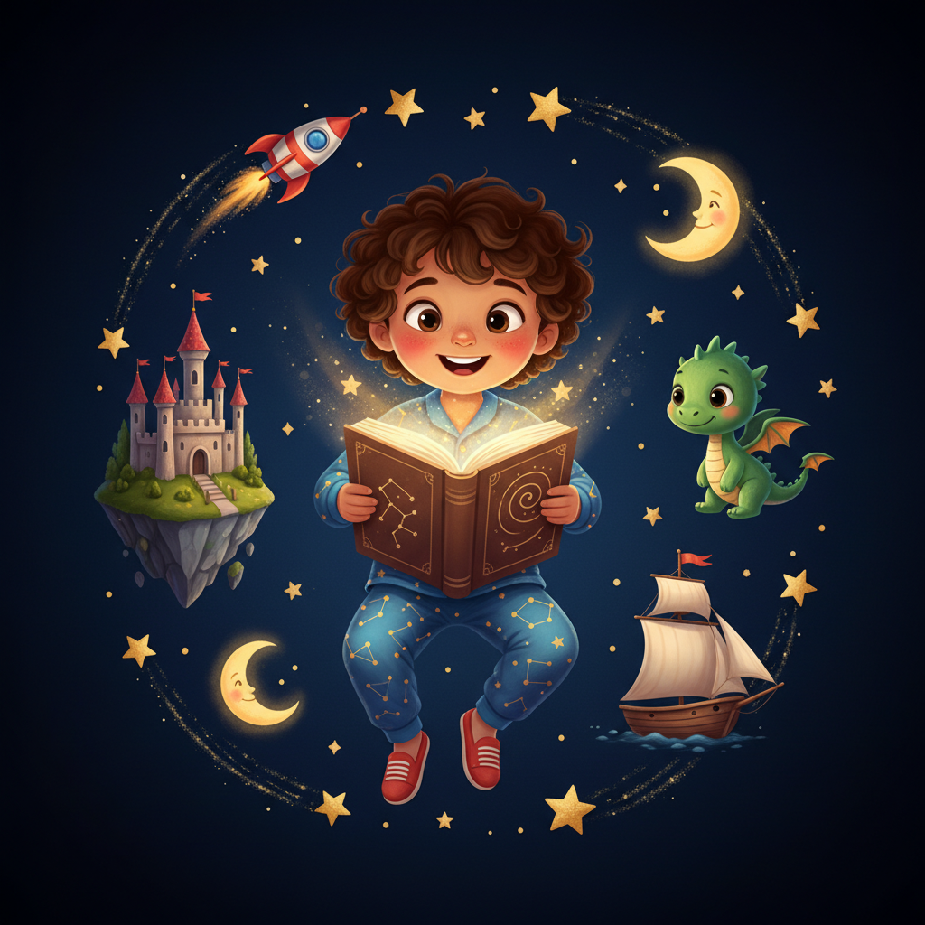 A child as the hero of a magical storybook, surrounded by a rocket, a dragon, a castle and stars